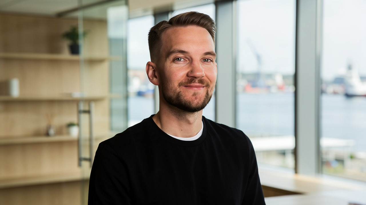 A young man with short brown hair, a beard, and a slight smile, sitting indoors near large windows with a view of a harbor or port with ships.