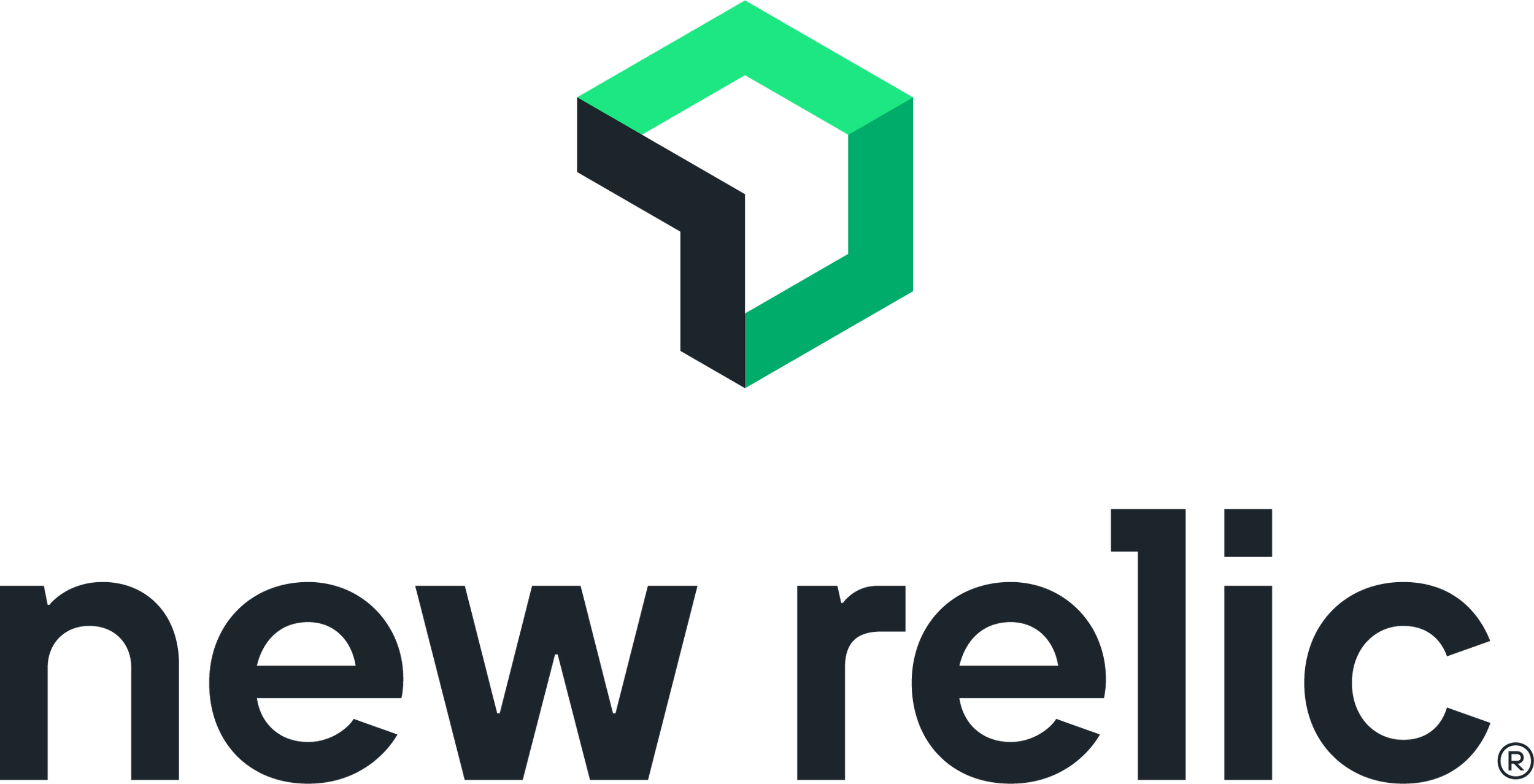 Logo of New Relic, featuring a stylized three-dimensional cube in green and black, with the company name in lowercase black text beneath.