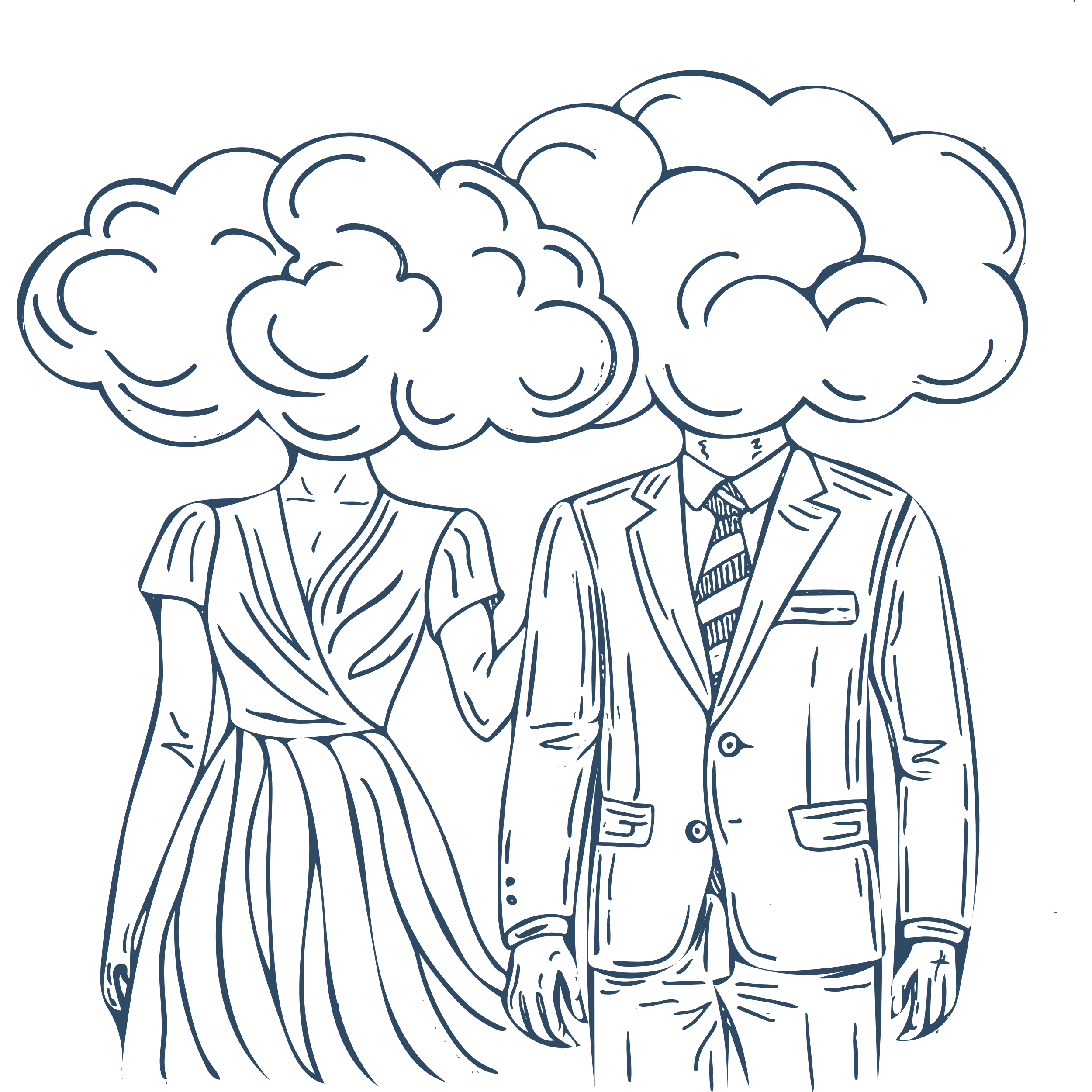 Outline drawing of a woman and a man in formal clothing walking together, their heads replaced with large clouds.