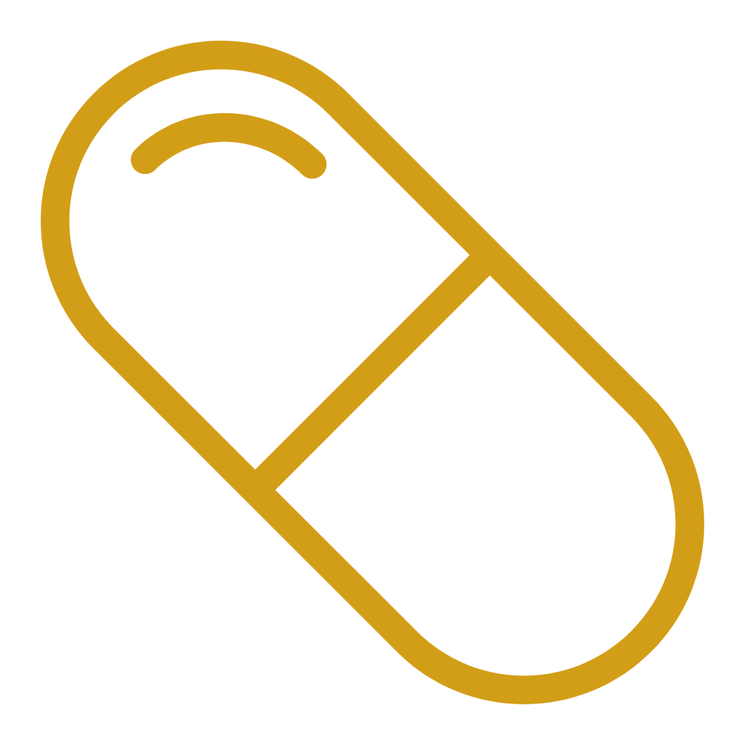 A digital icon of a capsule pill in gold color.