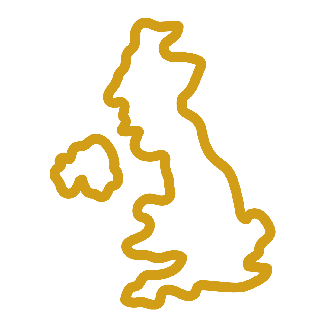 Outline map of Great Britain in gold color.