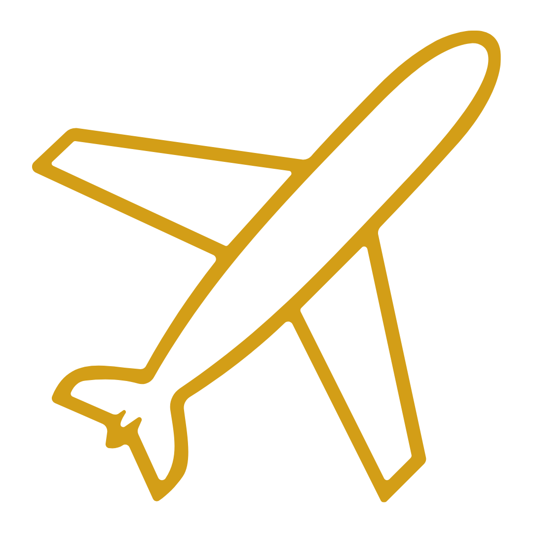 Outline illustration of an airplane, with a gold outline.