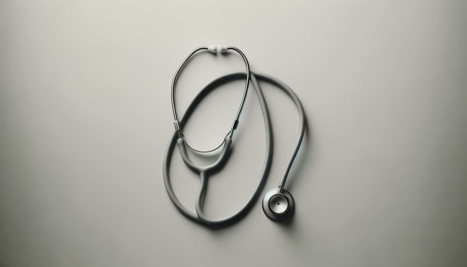 Gray stethoscope with white ear tips and metal chest piece lying on a light-colored surface.