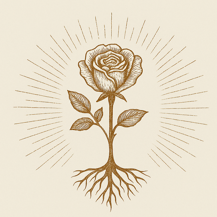 Drawing of a rose with roots and leaves, radiating lines surrounding it.