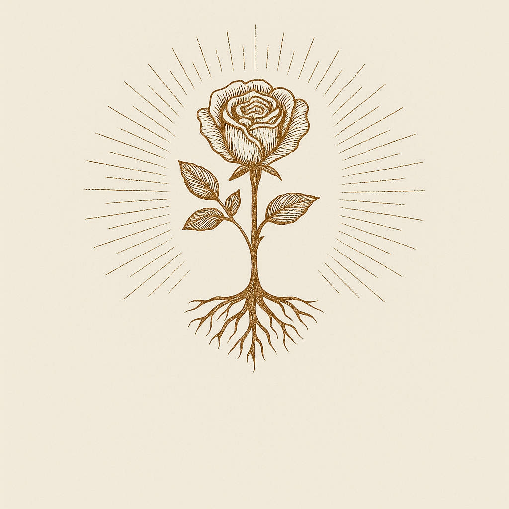 A line drawing of a rose with roots, surrounded by radiating lines, on a beige background.
