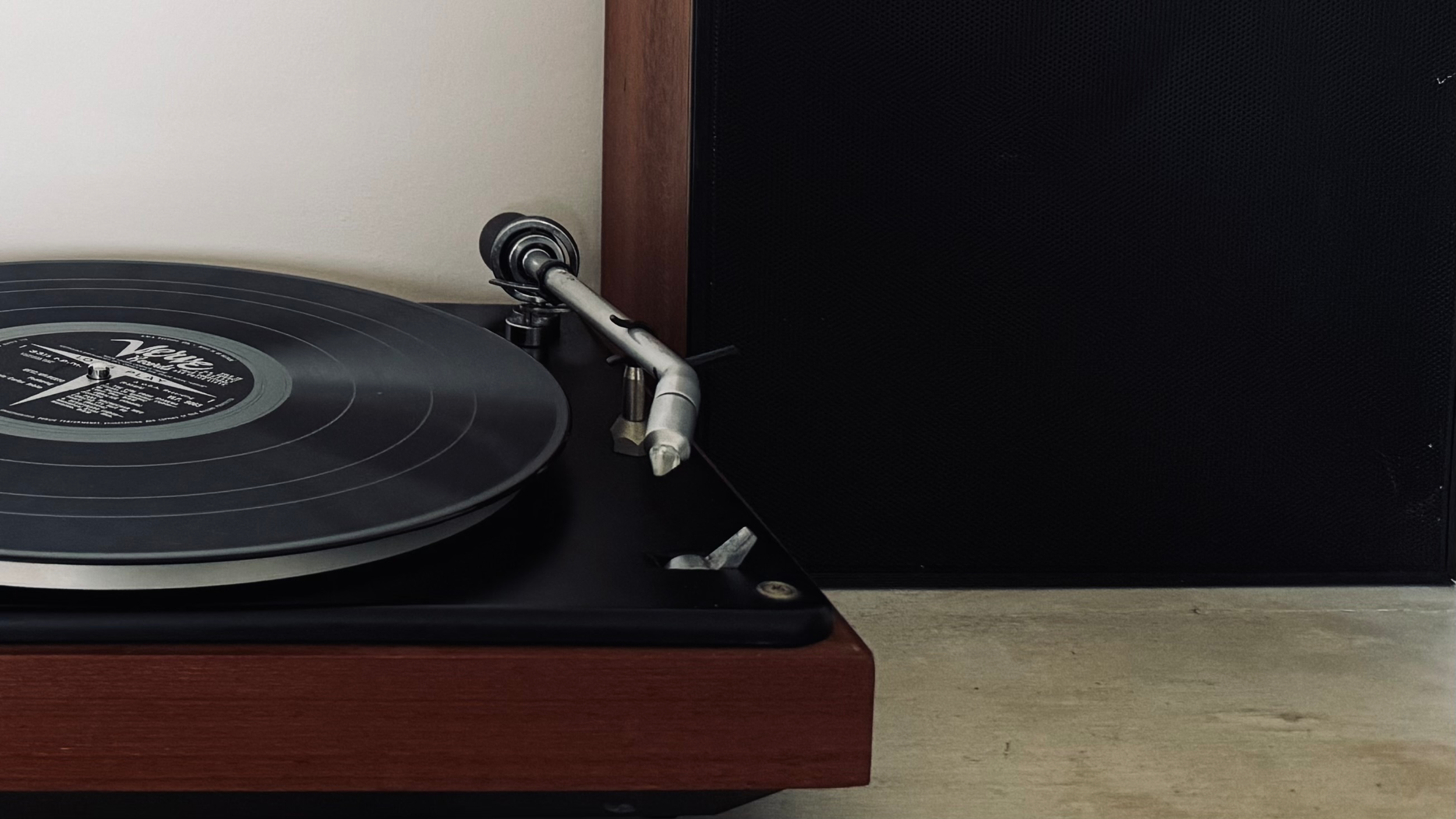 Vinyl record player set up at home