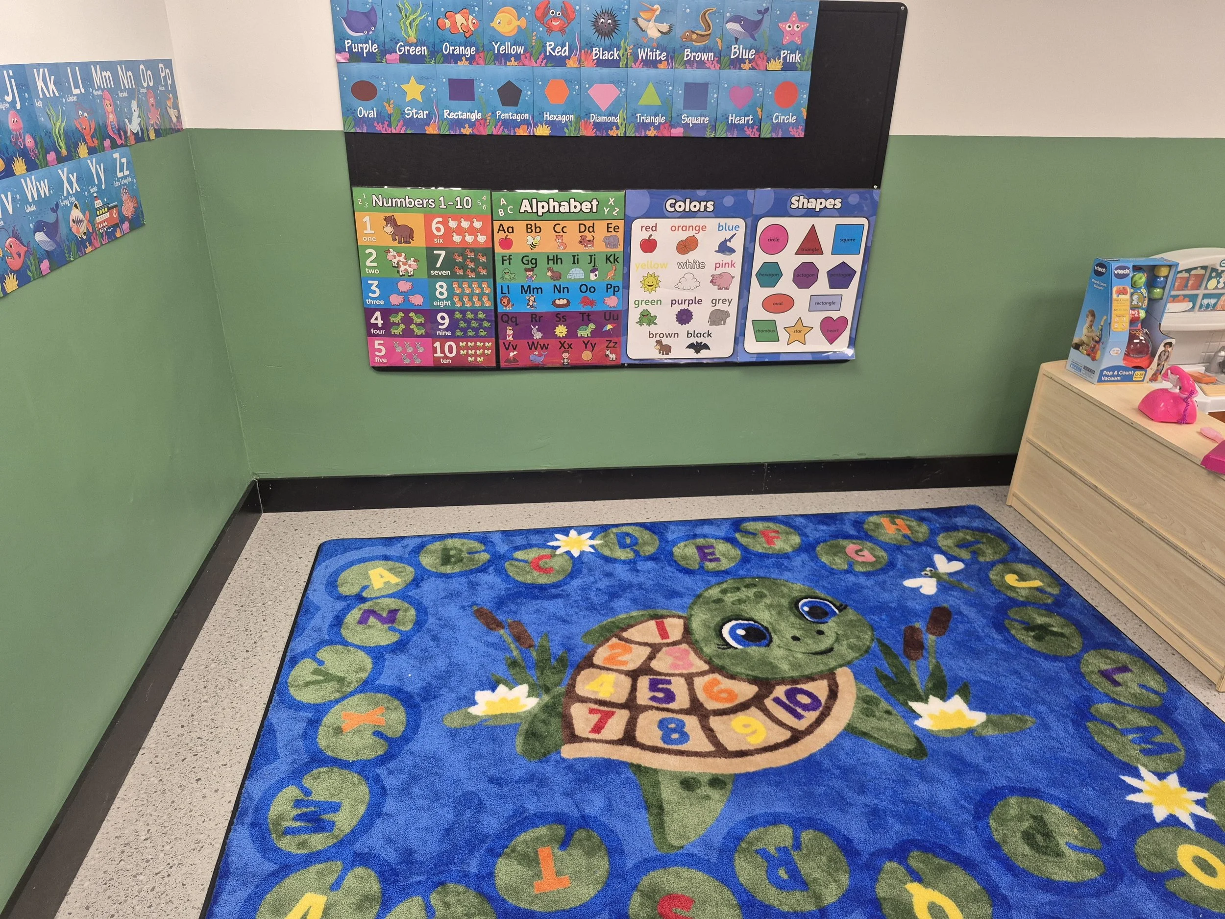 Colorful alphabet rug below classroom learning posters.