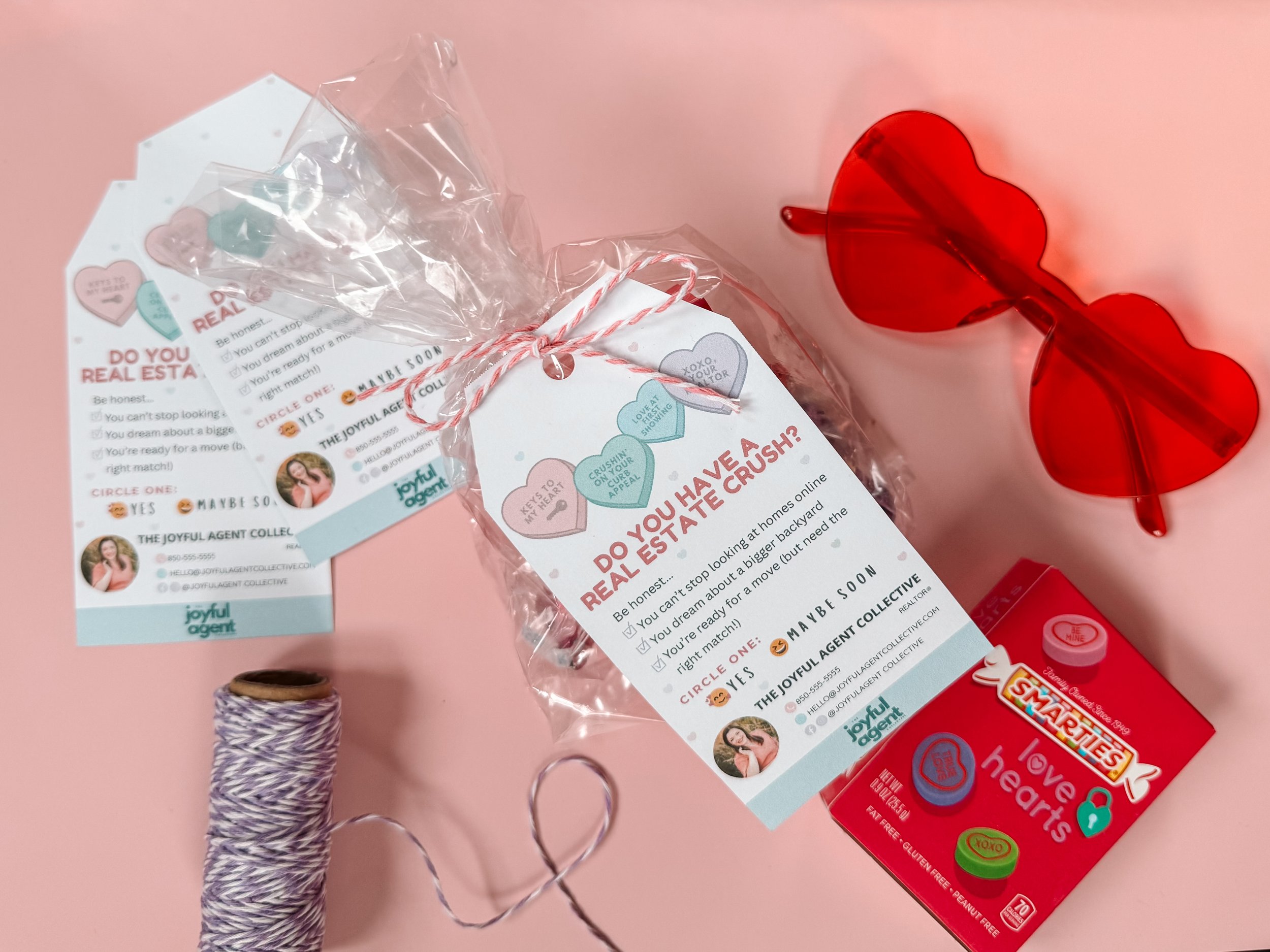Valentine's Day pop-bys ideas for realtors. Easy ideas for realtor marketing for valentine's day. Heart shaped sunglasses. Real Estate Crush.