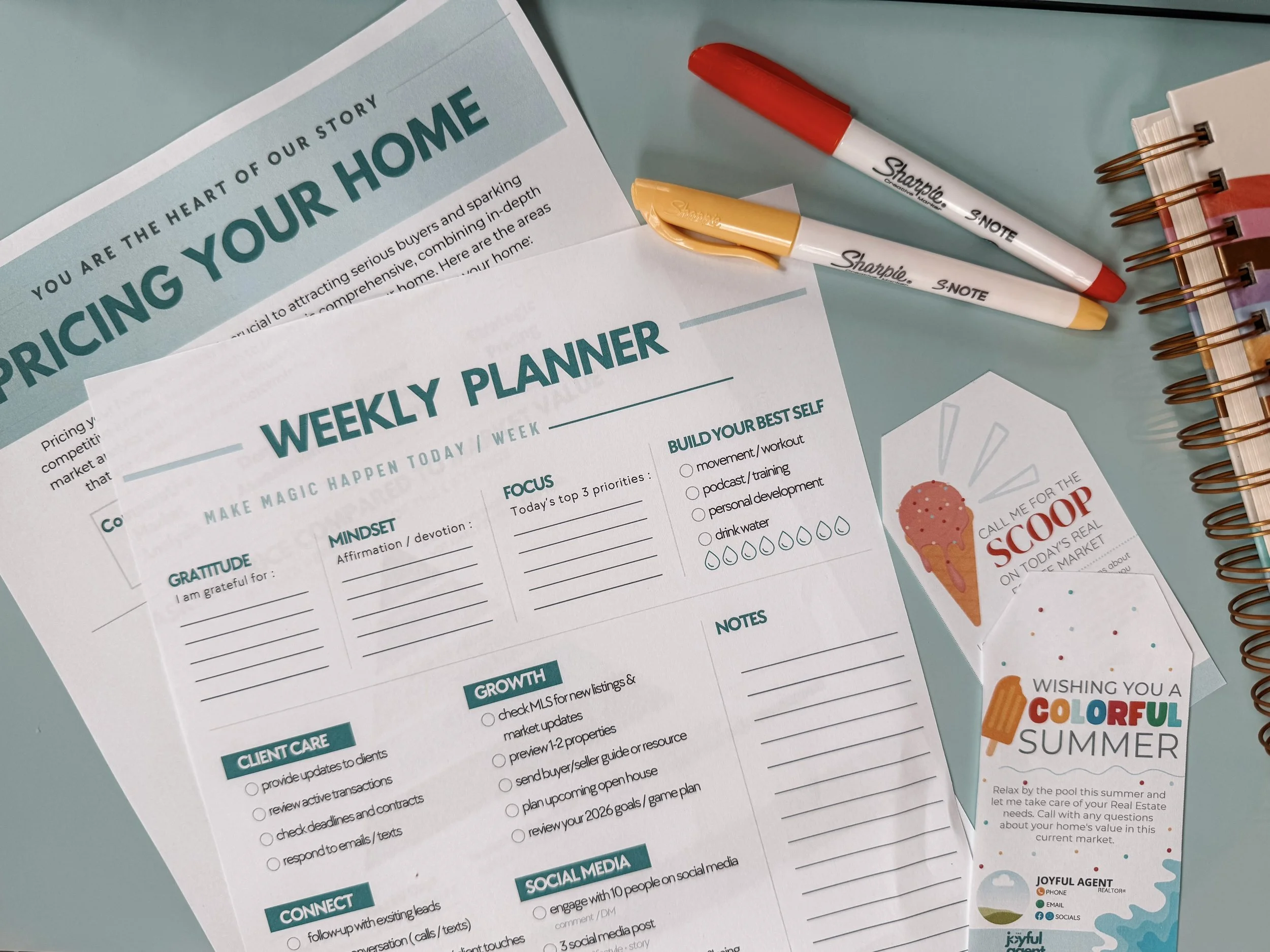 Realtor weekly planner, Relator listing packet, pricing your home real estate sheer. Summer Pop-by tags for Realtors. Real Estate Marketing. Real estate business must-haves.