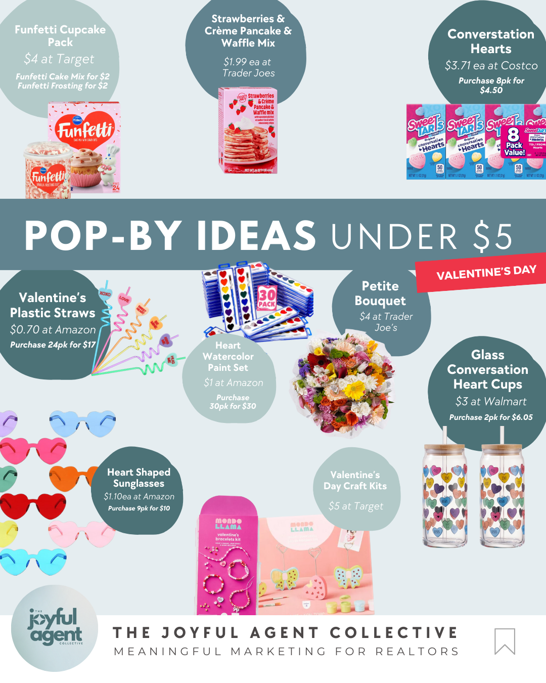 Valentine's Day gift ideas and products under five dollars, including plastic straws, watercolor paint set, heart-shaped sunglasses, craft kits, glass conversation heart cups, and small flower bouquets.