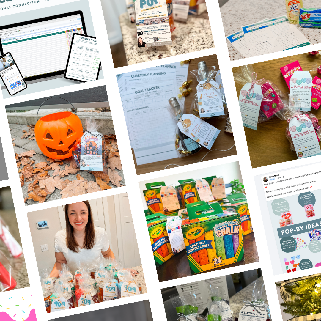 Collection of pop-by for real estate agents. Halloween pop-bys, holiday themed gift bags, pop-by planning supplies, and promotional flyers for realtors.
