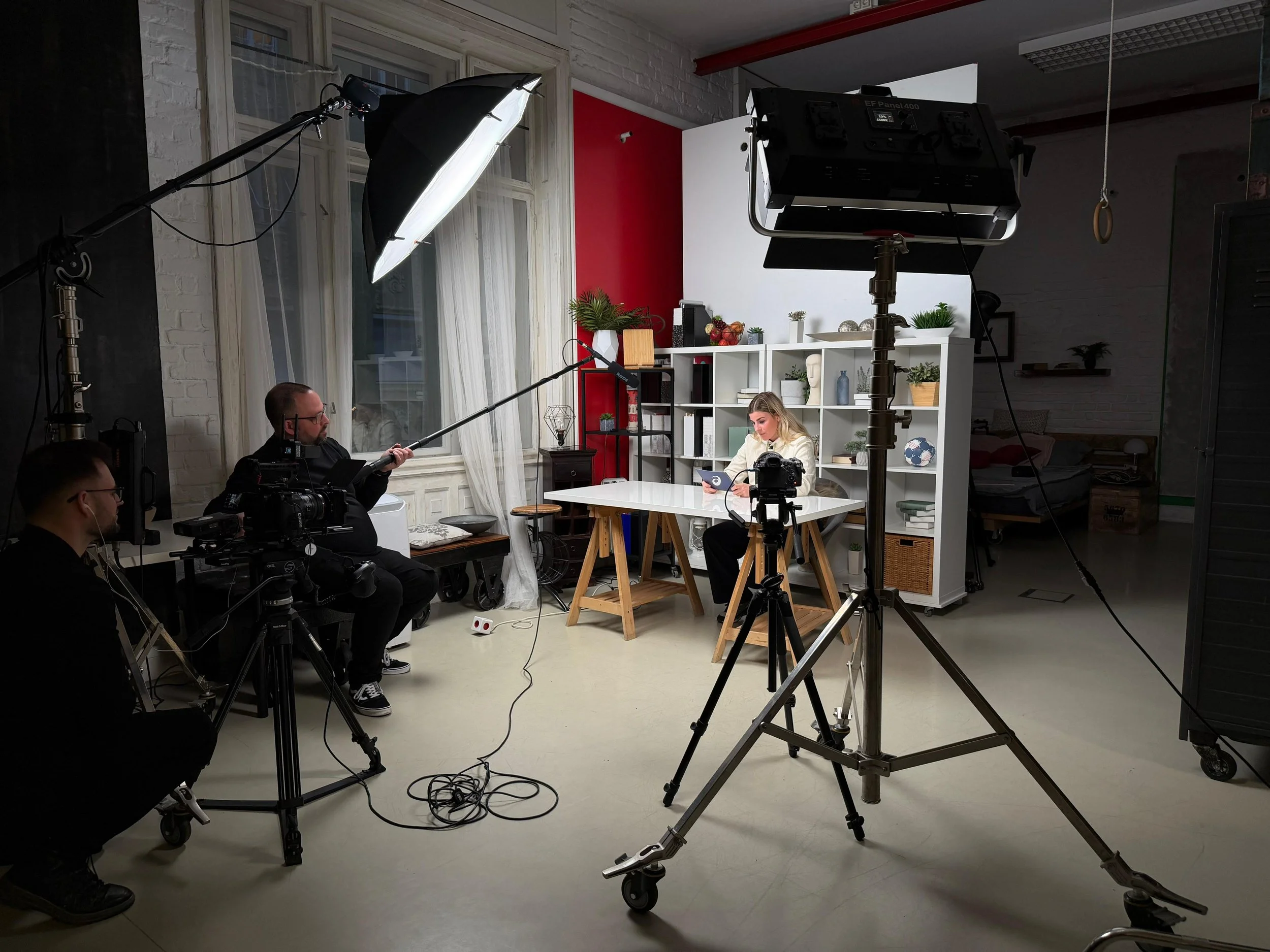 ASICS handball athlete interview shoot with full crew softbox lighting and cinema camera in Budapest studio — sports content creator Ballo Studio