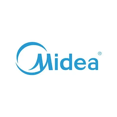Midea logo in blue and white on a white background.