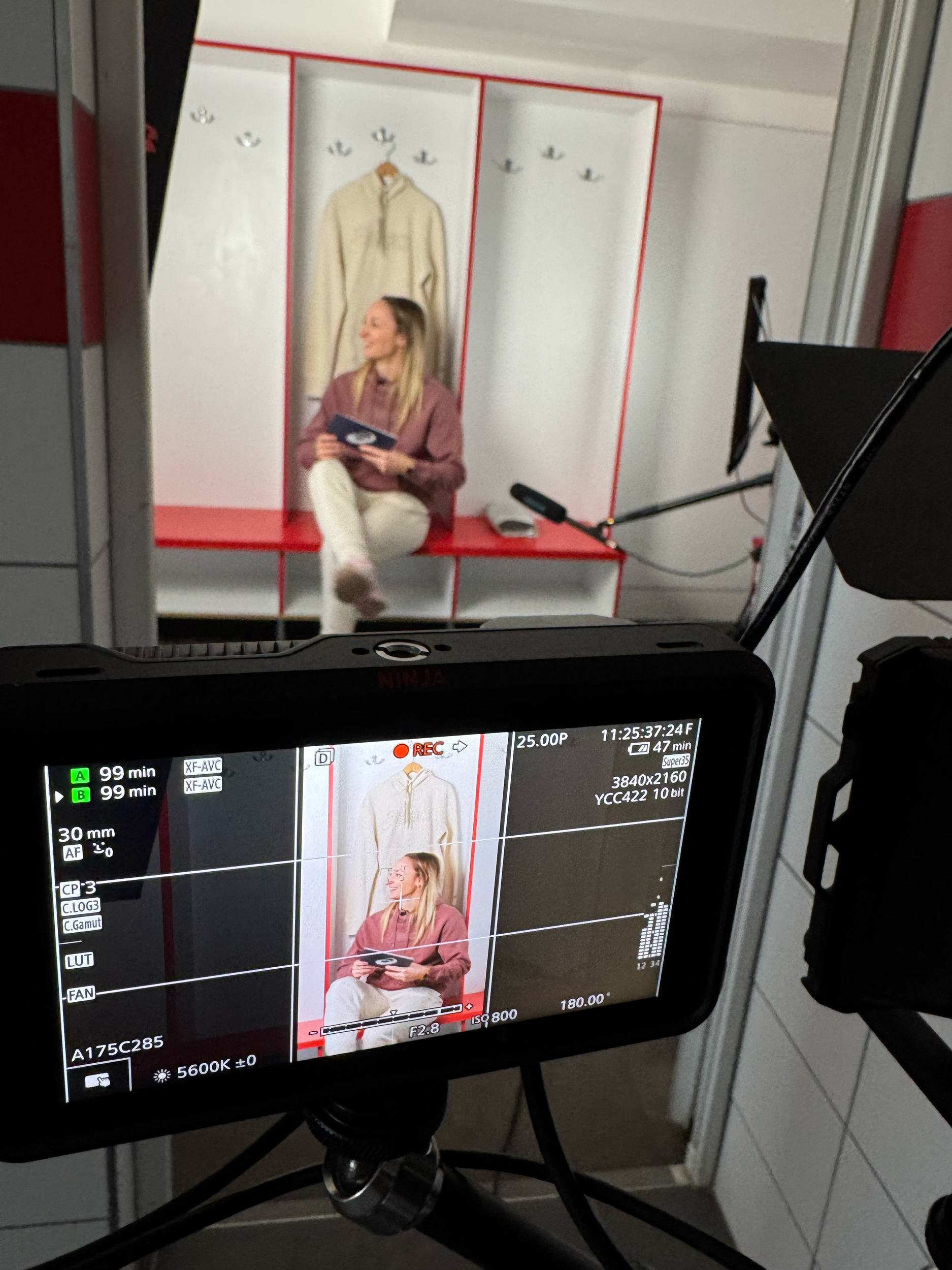 ASICS handball content shoot camera monitor showing live feed of athlete in studio during production Hungary — sports videography Ballo Studio