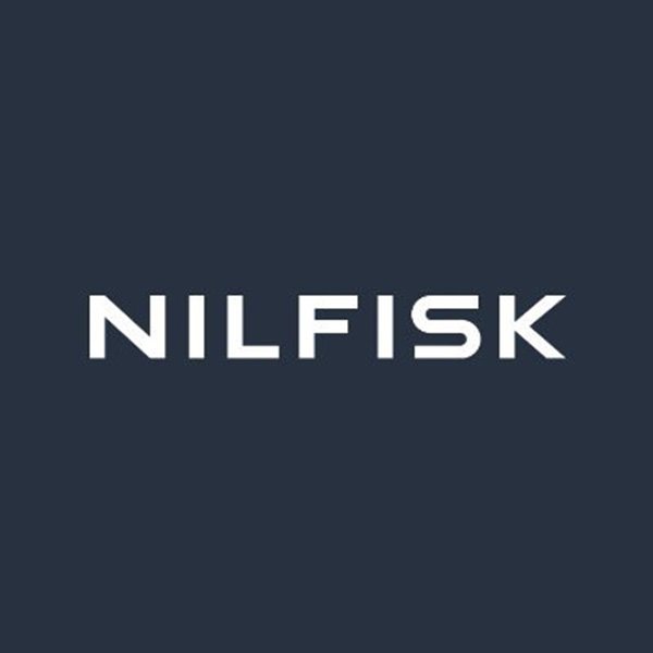 Nilfisk white wordmark on dark navy background cleaning technology client logo — trade show videography Ballo Studio