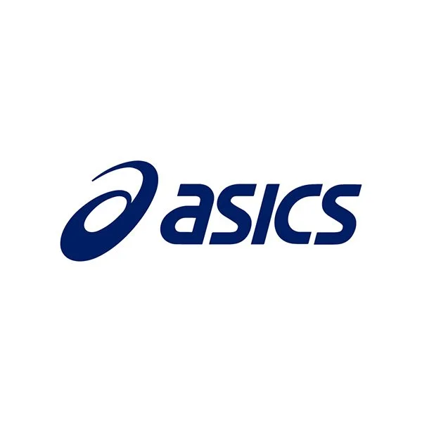 ASICS navy blue wordmark with spiral stripe symbol client logo — athlete content production Ballo Studio