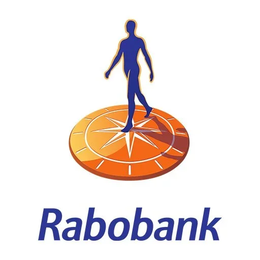 A human silhouette standing on a orange compass rose with the Rabobank logo below.
