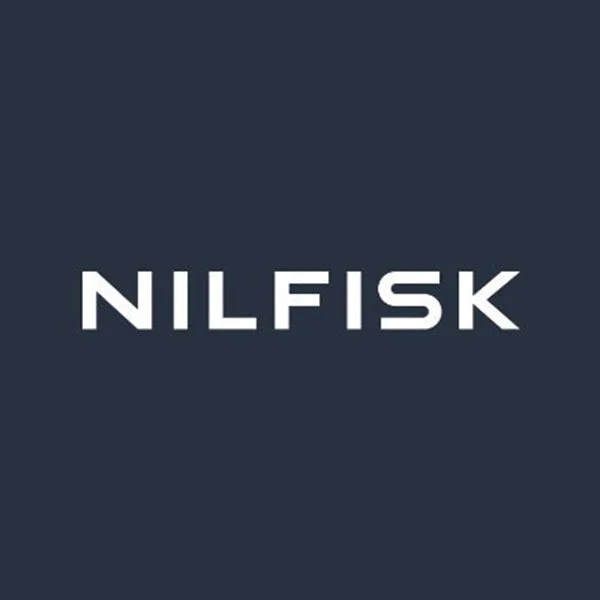 Nilfisk white wordmark on dark navy background cleaning technology client logo — trade show videography Ballo Studio