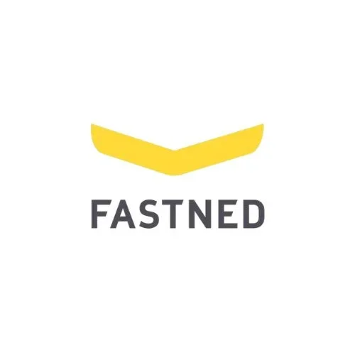 A yellow chevron shape above the word "FAST NED" in bold uppercase letters on a white background.