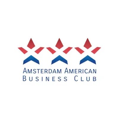 Logo of the Amsterdam American Business Club with three stylized crowns in red and blue above the organization's name.