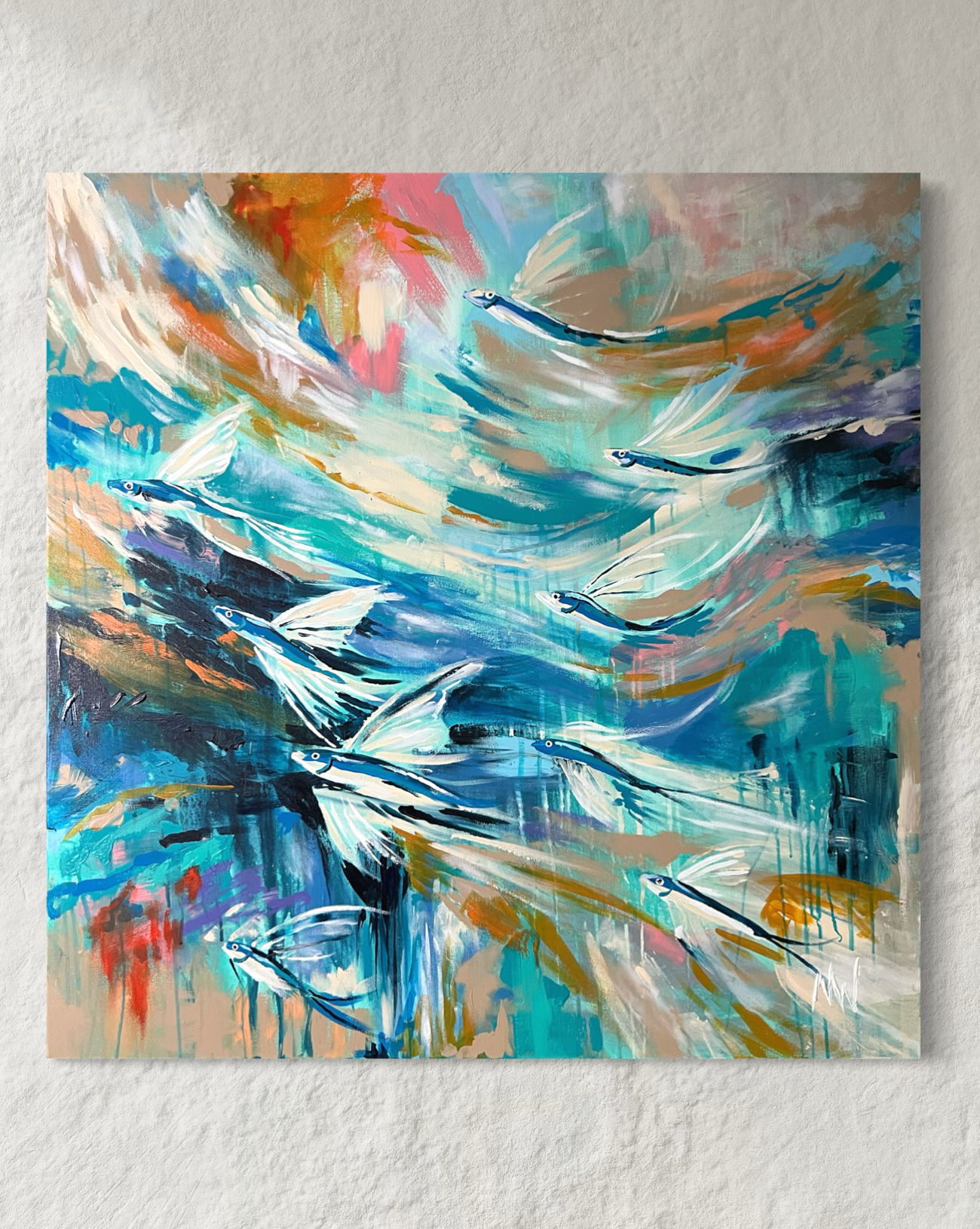 "Dance of the Flying Fish" from the Series "Echoes of an Island Dream" | 36".x 36" | Acrylic on Canvas | BBD$9,000.00/USD$4,500.00 