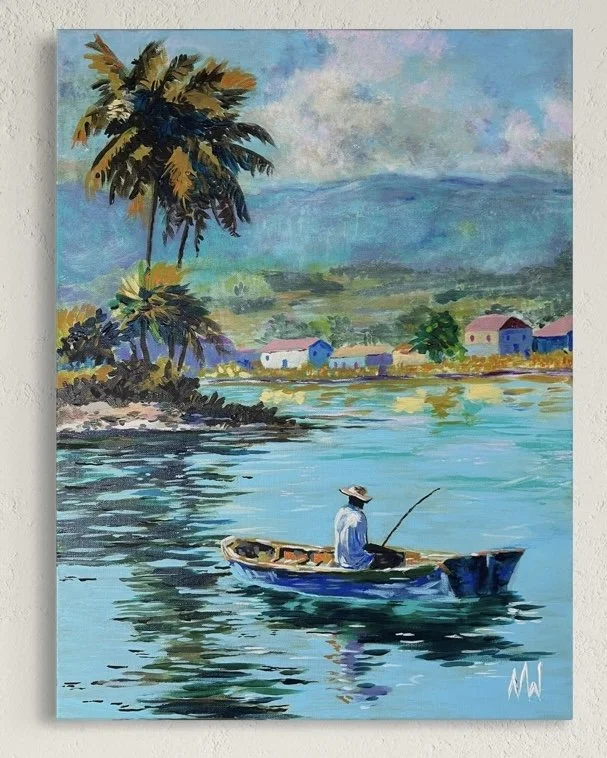 Painting of a man fishing from a small boat on a calm river, with palm trees and colorful houses along the shoreline, and mountains in the background.