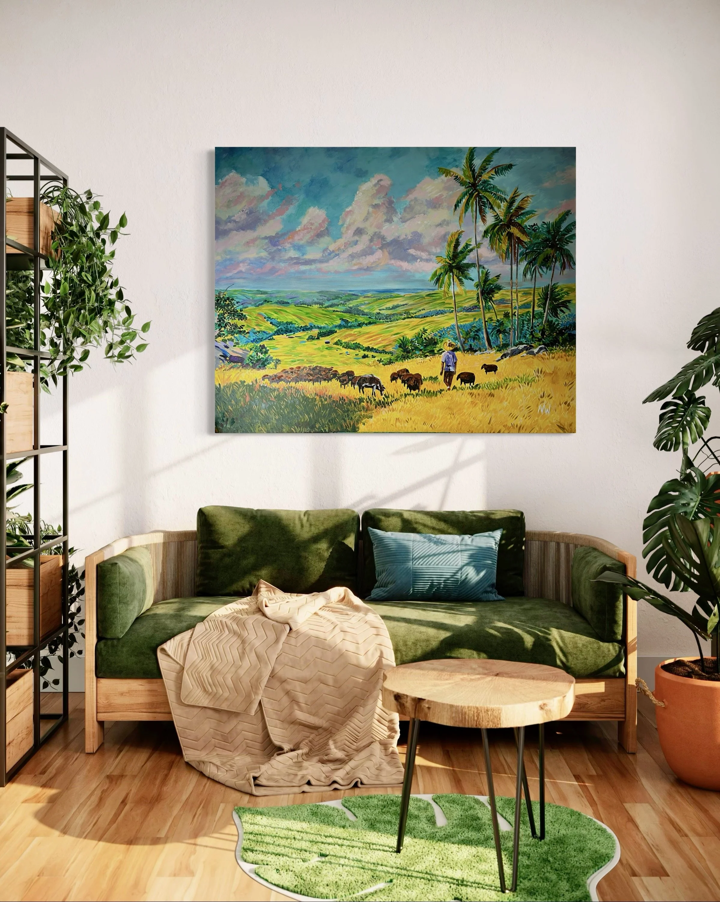A living room with a painting of a tropical landscape on the wall, a green velvet sofa with a beige blanket and a blue pillow, a small round wooden table, green plants in pots, and a green rug.
