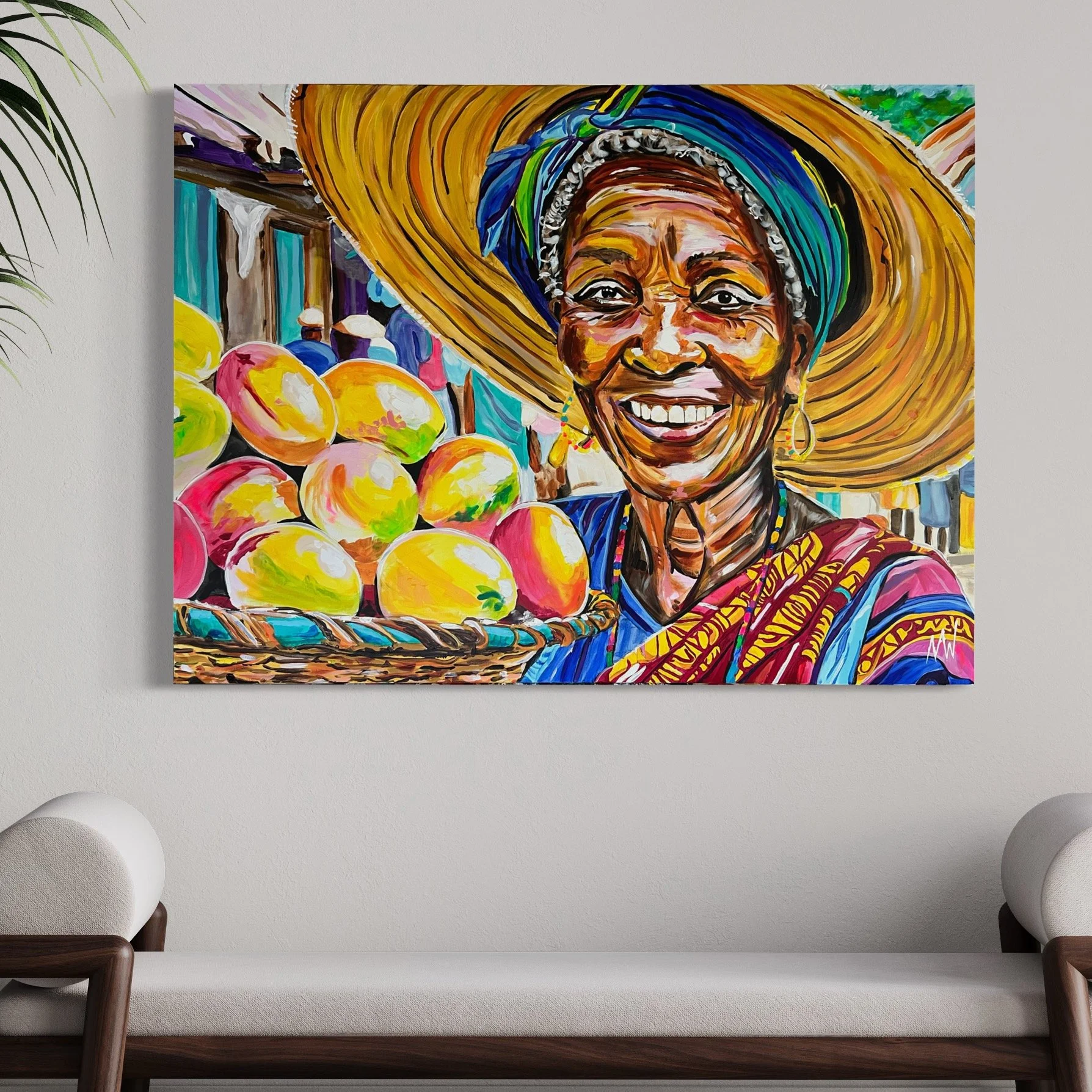 Colorful painting of a smiling woman wearing a large sun hat and traditional clothing, standing next to a basket of mangoes.