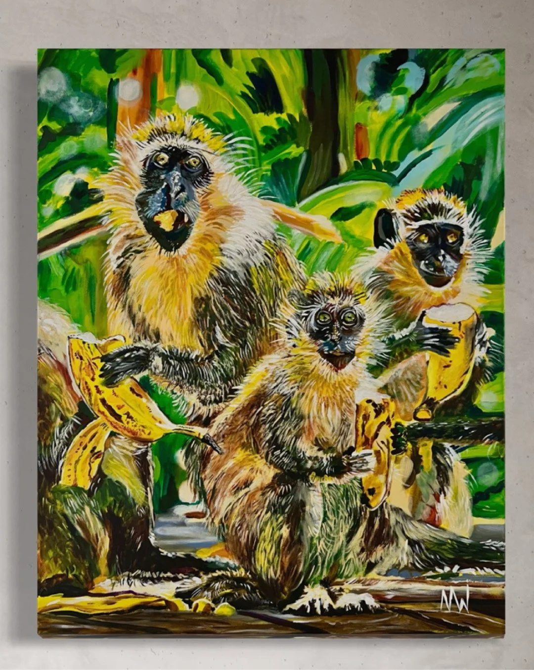 Painting of three monkeys with bananas and green jungle background.