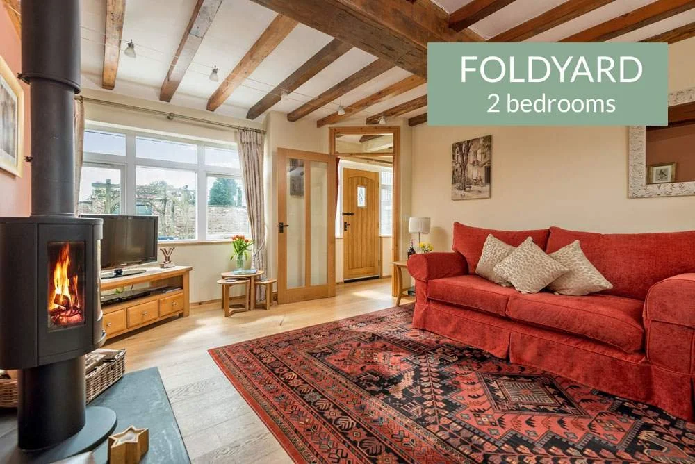 Living room with a red sofa, patterned rug, wood ceiling beams, wood door, window with curtains, TV on a stand, and a wood stove.