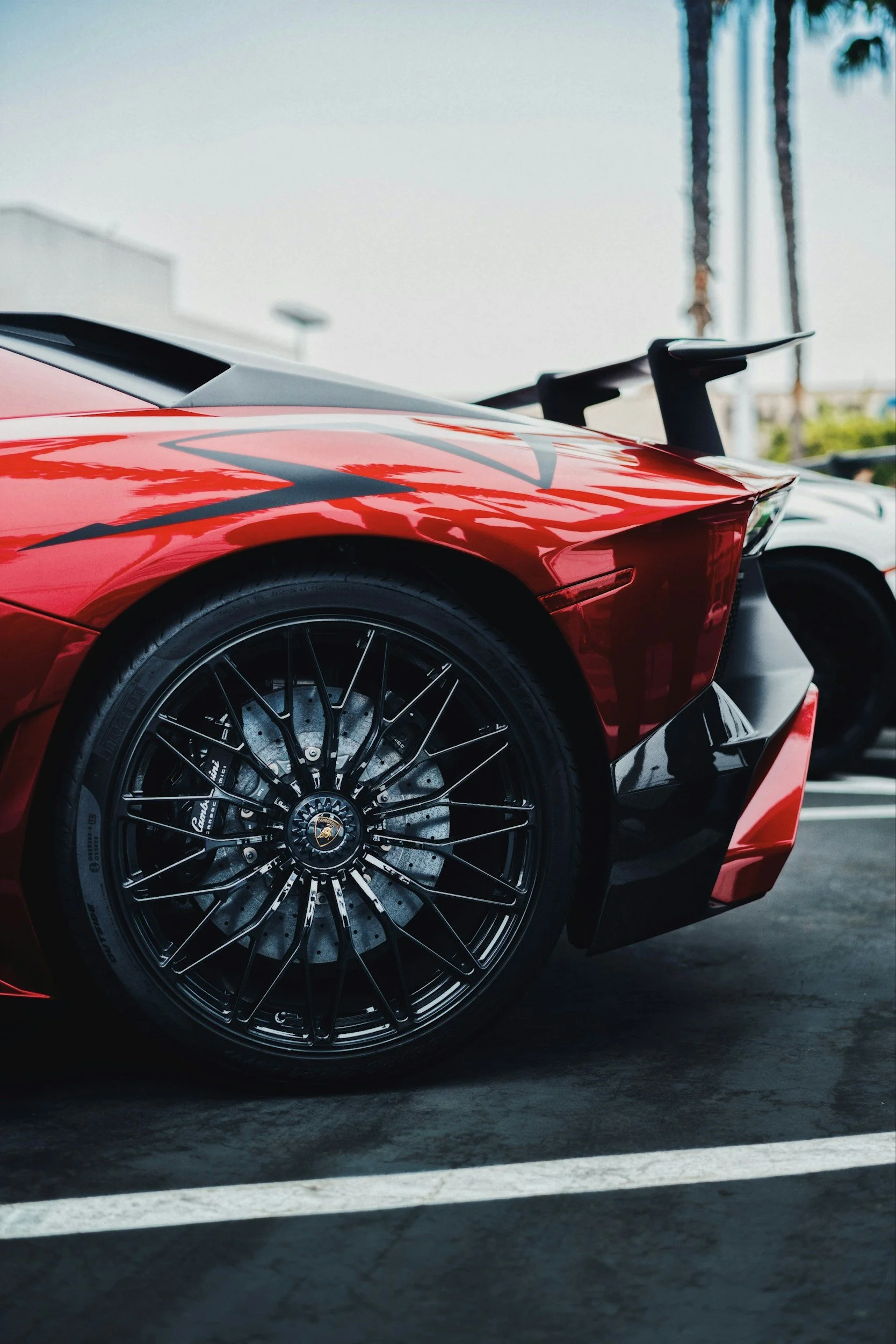 Close-up of a red sports car with black wheel and brake caliper, parked in a lot with a white car in the background, under palm trees.