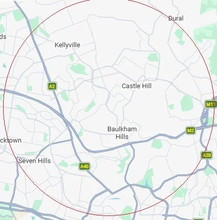 Map showing areas including Kellyville, Castle Hill, Baulkham Hills, Dural, Seven Hills, and surrounding suburbs in Australia with major roads A2, A40, M2, and A28.