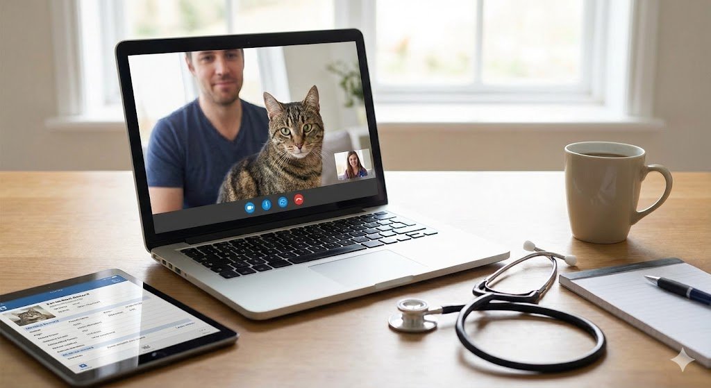 A laptop on a wooden desk displays a video call with a man and a cat. The man is smiling and the cat is sitting in front of the camera. Nearby, there is a tablet, a stethoscope, a cup of coffee, a notepad, and a pen, with sunlight coming through windows in the background.