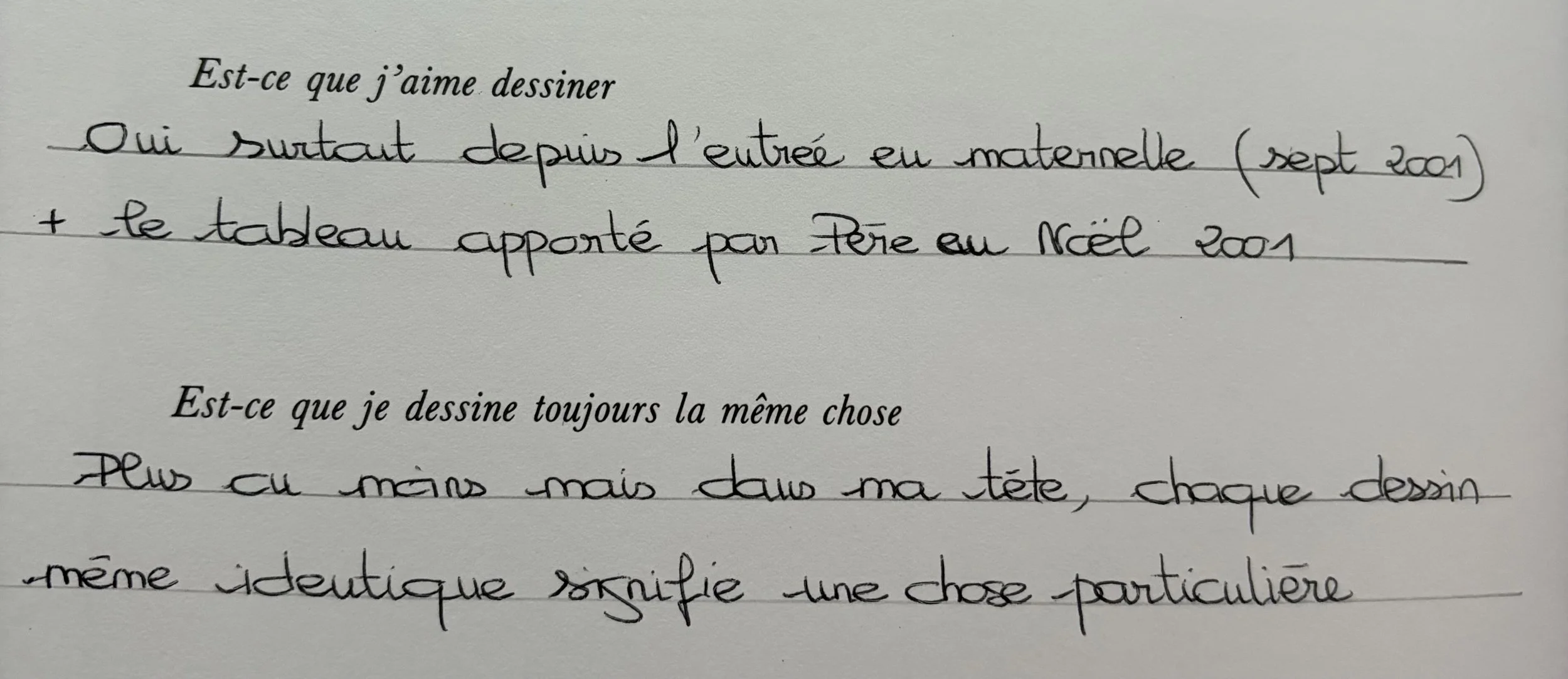 Une page de texte manuscrit en français avec des annotations colorées soulignant certaines lignes et une phrase sous-lignée.