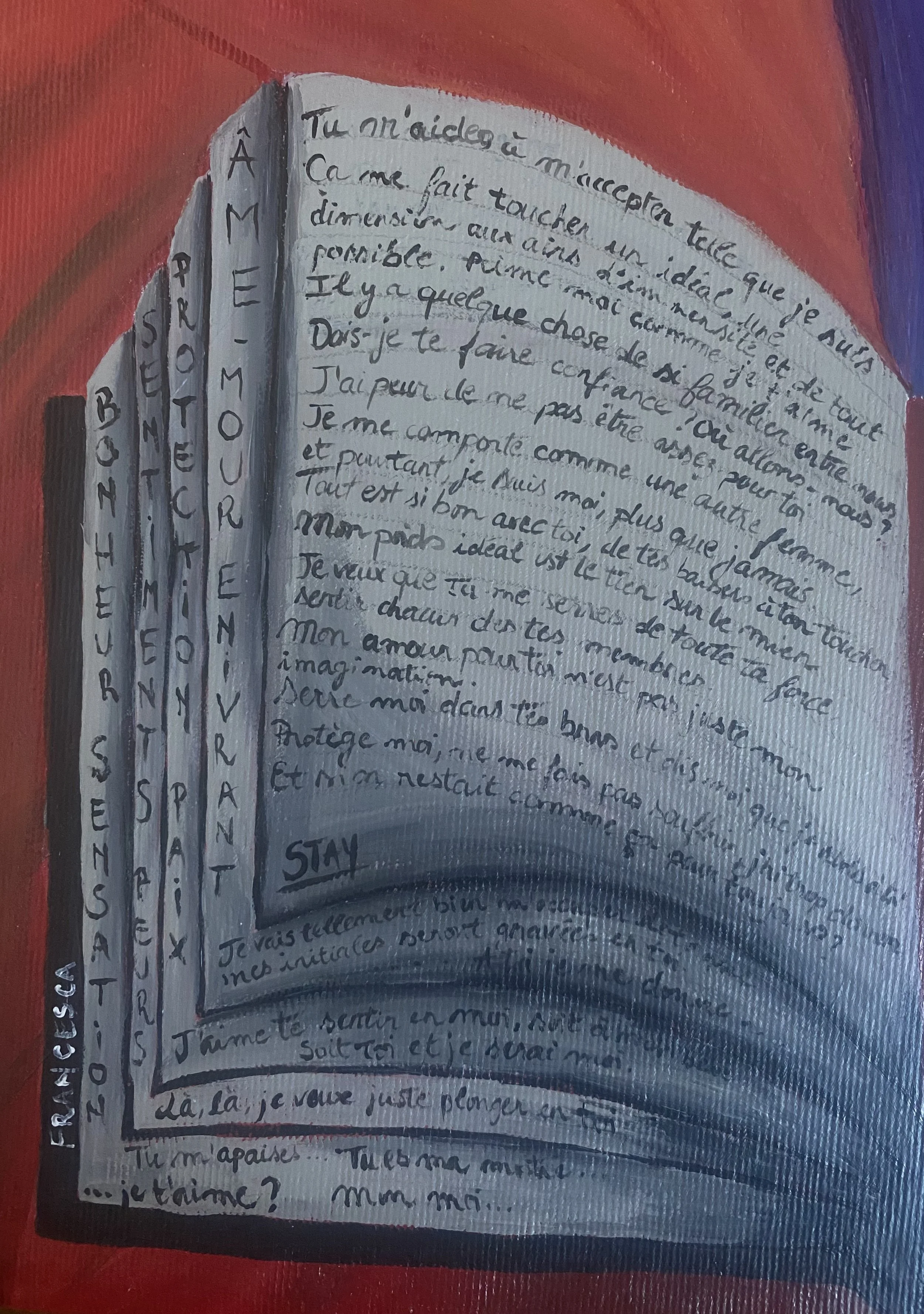 Un livre ouvert avec une lettre manuscrite en français écrite en cursive. La lettre parle d'amour et de confiance.