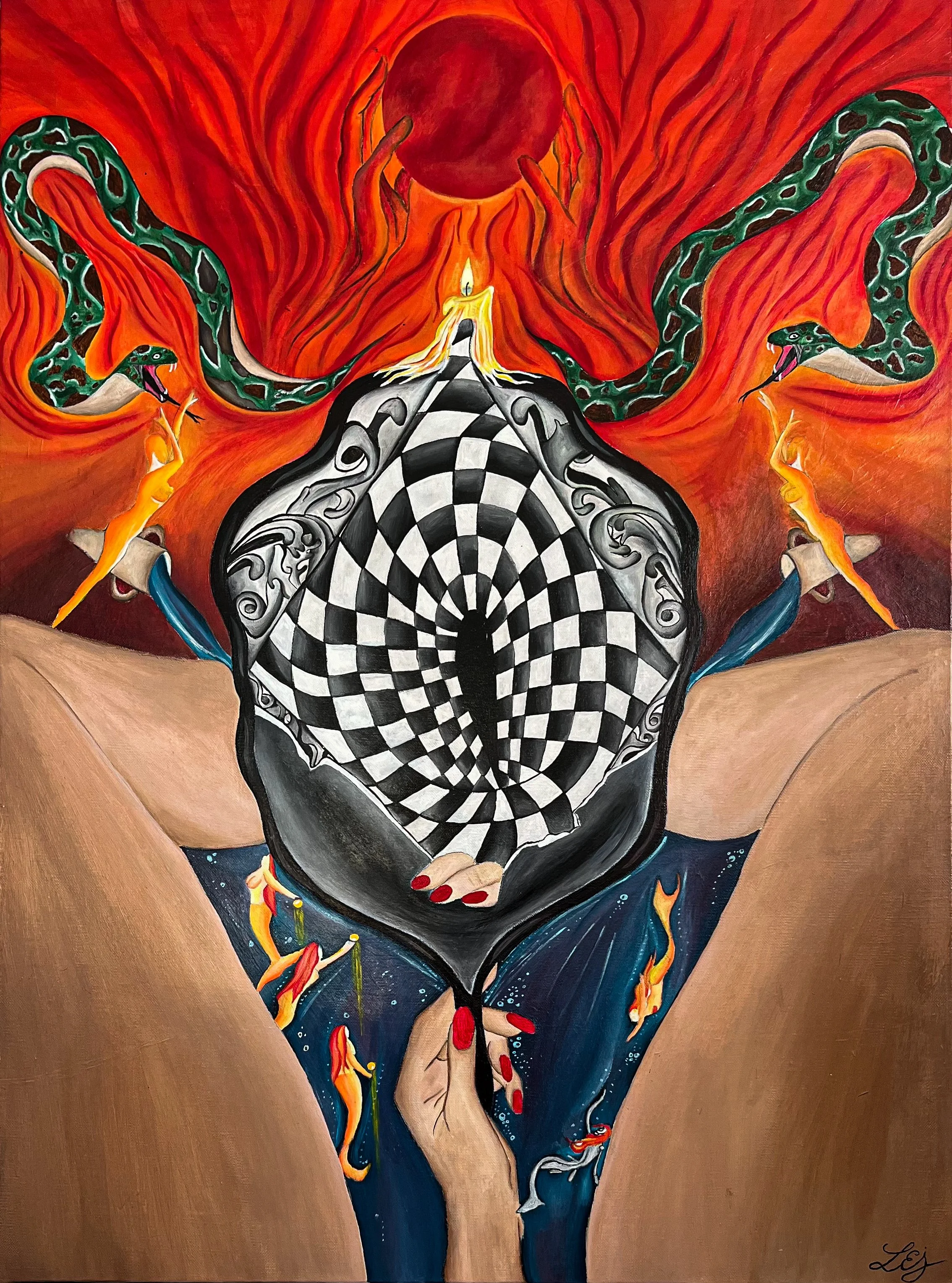 Une peinture représentant une figure féminine vue de dos, tenant un miroir réfléchissant un motif en spirale. La scène est en couleurs vives, avec des serpents verts enroulés autour de ses bras et des flammes, un fond rouge et orange évoquant un feu ou une énergie intense.