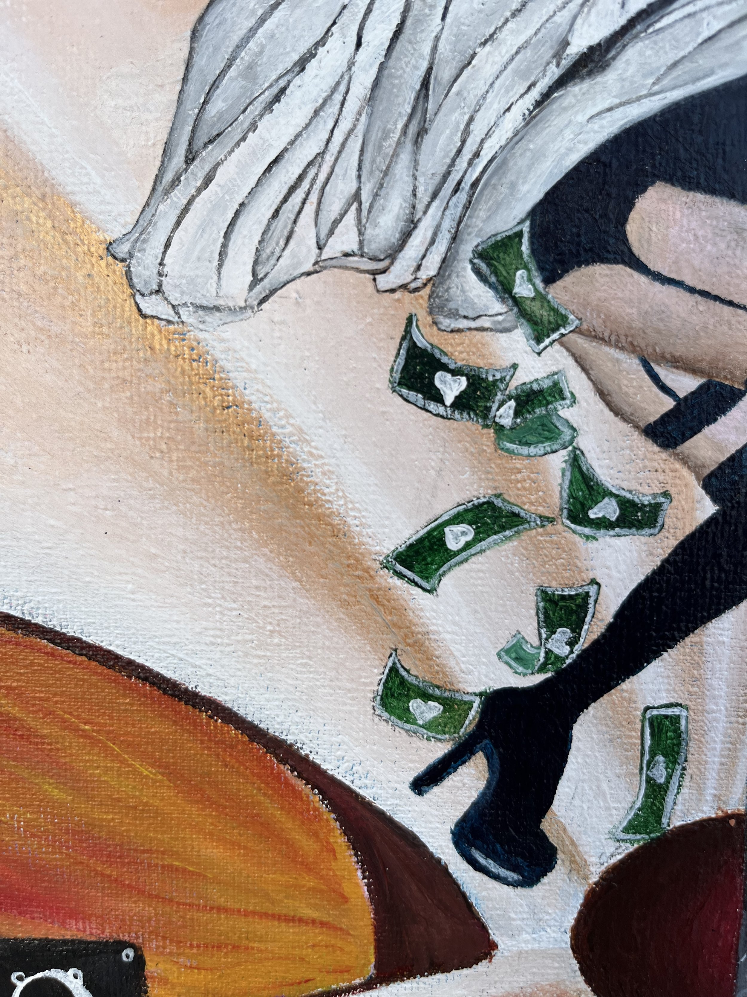 Détail d'une peinture représentant une personne portant une veste blanche avec des rayures noires, des chaussures vertes et noires, et des billets de banque éparpillés au sol.