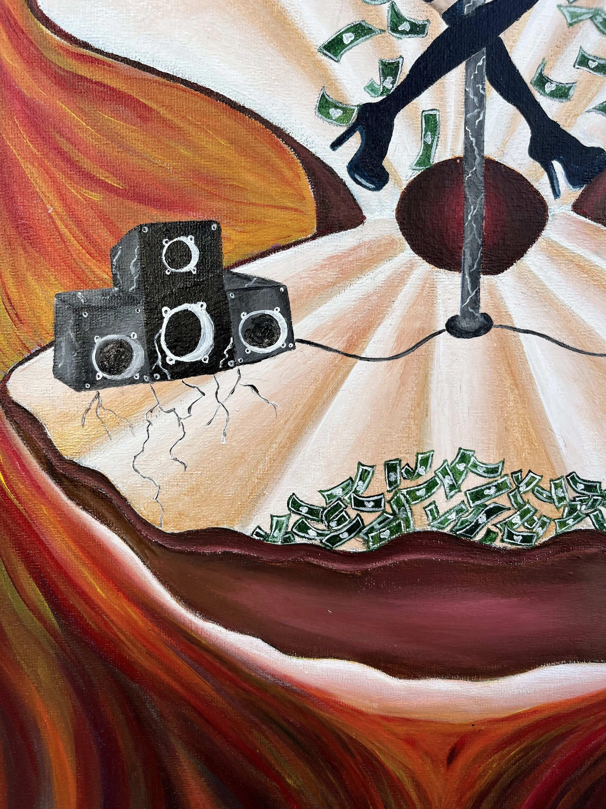 Une peinture représentant une scène symbolique avec des éléments tels qu'une guitare orange, de l'argent en billets, un sabre, une boule sombre, une enceinte et des morceaux de billets verts formant une sorte de cercle, le tout entouré de dégradés de couleurs chaudes.