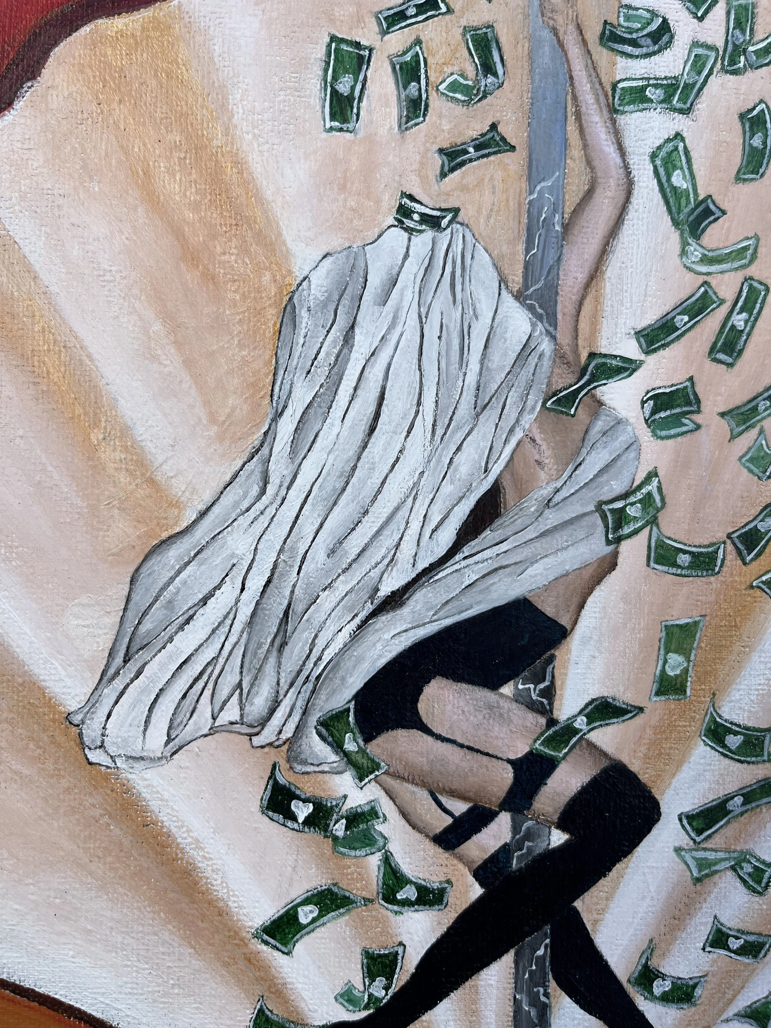 Une peinture représentant une femme en sous-vêtements noirs, ses jambes croisées, entourée de billets de banque verts avec des cœurs blancs.