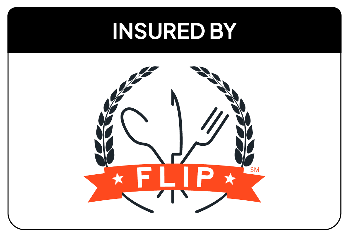 A logo with the text 'Insured by Flip' featuring a fork and spoon crossed inside a laurel wreath on a black background.