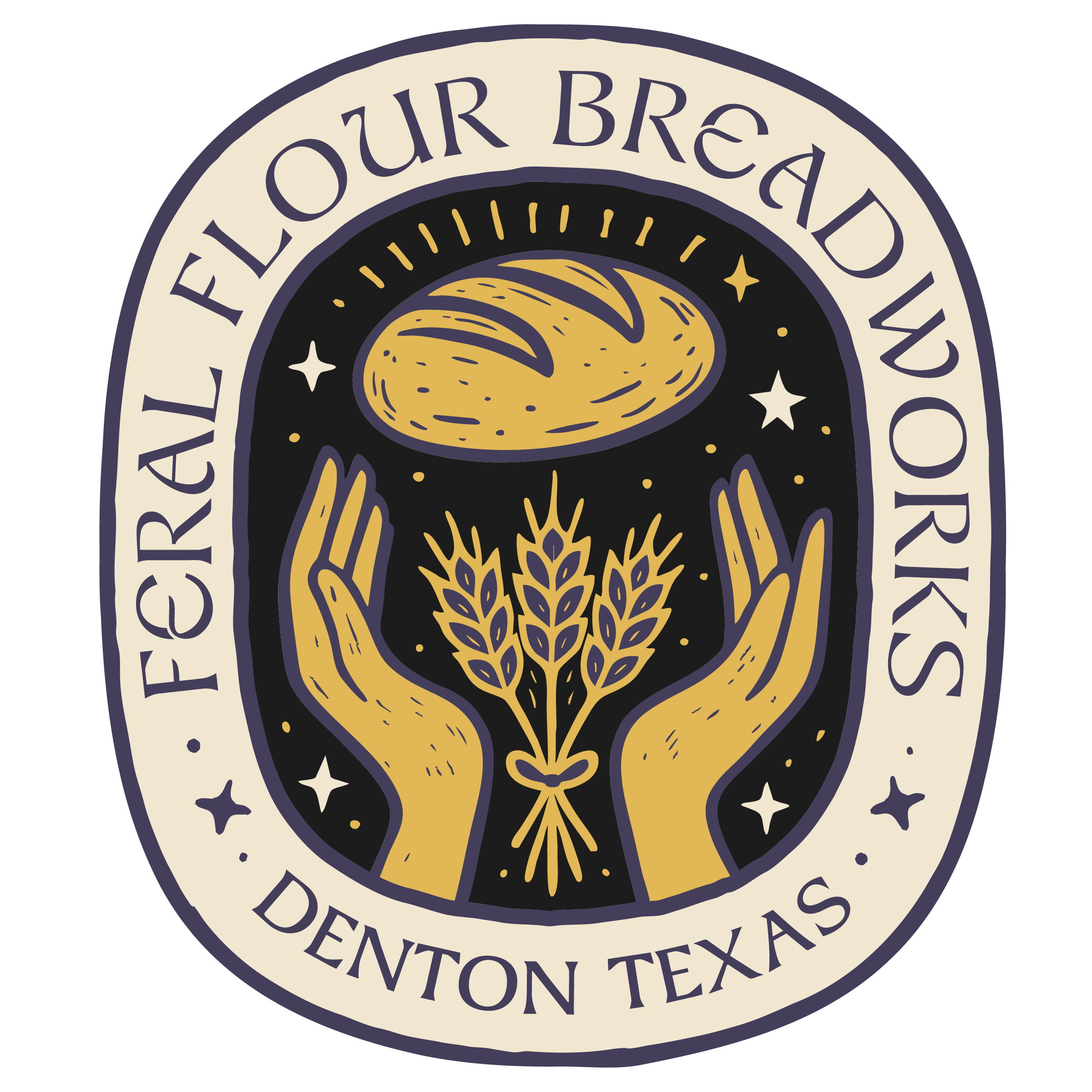 A logo that reads, "Feral Flour Breadworks - Denton, TX" and that features two hands holding up a loaf of bread with a stalk of wheat underneath.