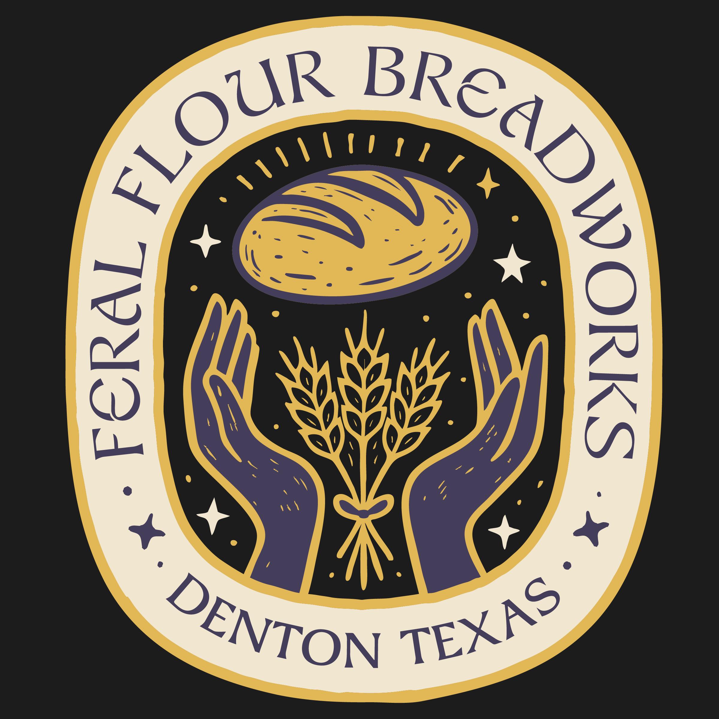 Close-up of a circular label with text that reads 'FERAL FLOUR BREADWORKS - DENTON TEXAS'. The design features a wheat stalk in the center, surrounded by stars and decorative elements, set against a black background with gold and cream accents.