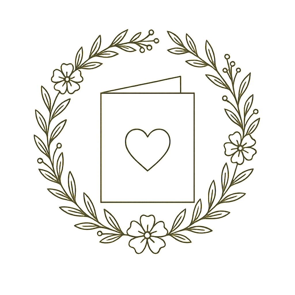 Goldene Blumen- und Blätterranke, die einen offenen Briefumschlag mit Herz auf der Vorderseite umgibt.