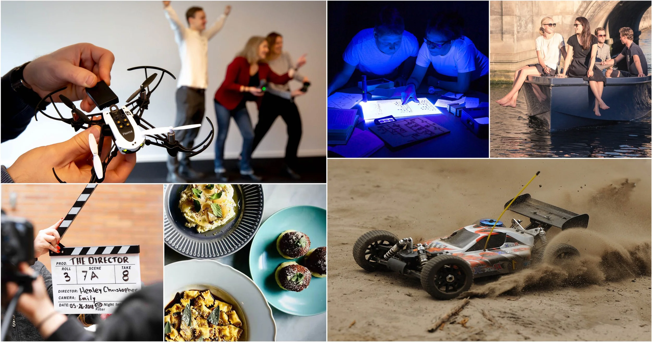 Collage af syv billeder: En drone i hånden foran personer, der danser; To personer arbejder med en planche under blå lys; En gruppe unge sidder i en robåd på vandet; En hånd holder en klap til en filmoptagelse; Dessert fade med kagedesserter; En person sætter en skulptur op; En RC-bil kører på en sandet bane.