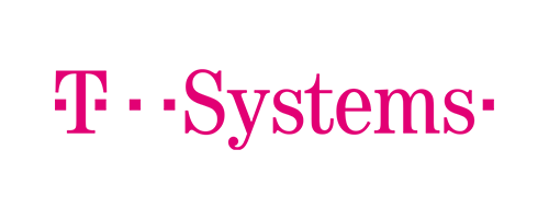 Logo med teksten "T-Systems" i pink farve på sort baggrund.