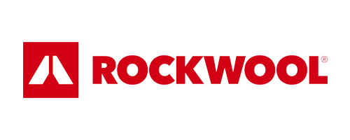 Logo for Rockwool med sort baggrund, rød ikon og teksten 'ROCKWOOL' i rødt.