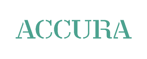 Logo med teksten 'ACCURA' i turkisfarvet skrifttype.