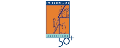 Logo for Peter Munck & Sønmalerfirma med tekst og illustration.