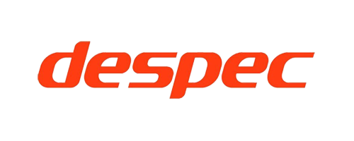 Logo med teksten 'despec' i rød-orange farve på sort baggrund.