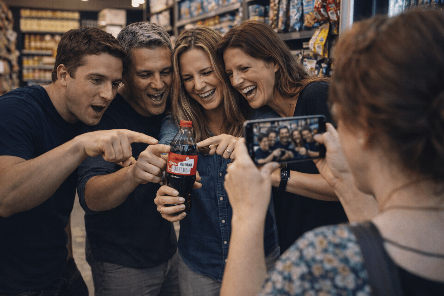 Fem mennesker, tre kvinder og to mænd, smiler og tager billeder med en smartphone i en dagligvarebutik. De holder en Coca-Cola-flaske.